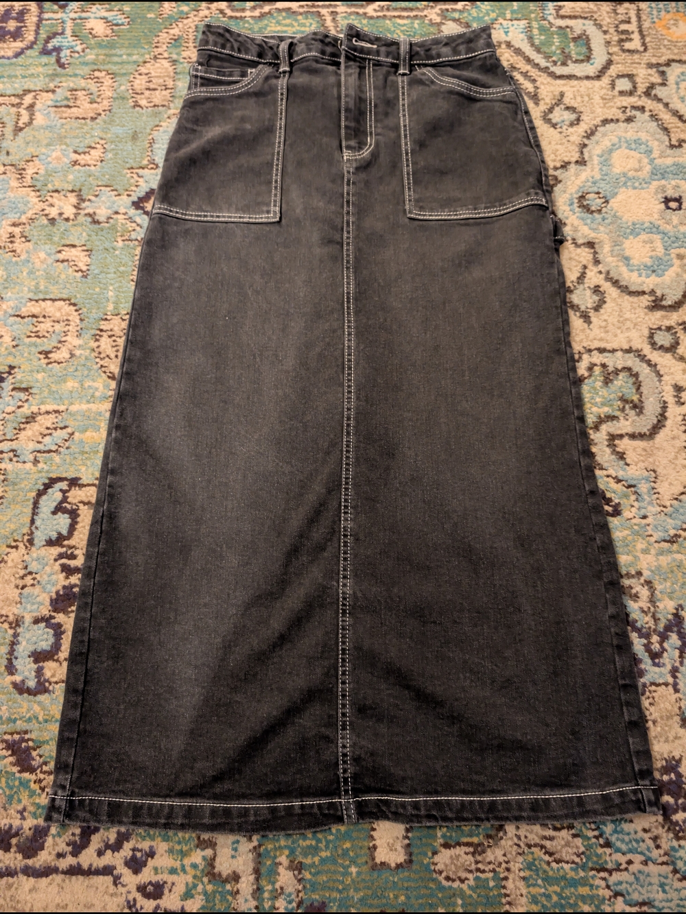 love, Fire Black High-Waist Denim Skirt with Front Patch Pockets